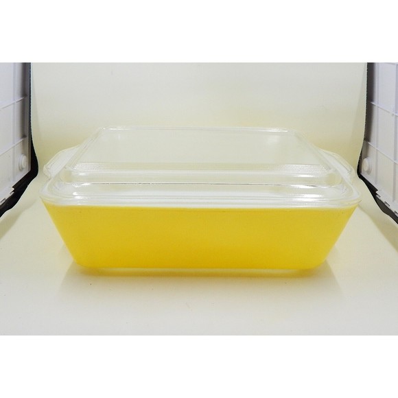 Pyrex Primary Yellow 503-B Refrigerator Dish 503-C Clear Ribbed Lid Handles - Picture 3 of 16